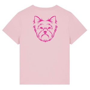 Magenta outline illustration of the head of a Yorkshire Terrier on the back of a pink cotton ladies t-shirt