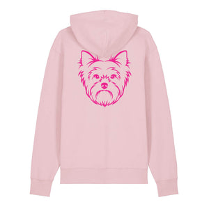 Magenta outline illustration of the head of a Yorkshire Terrier on the back of a cotton pink unisex Hoodie