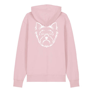 White outline illustration of the head of a Yorkshire Terrier on the back of a cotton pink unisex Hoodie