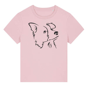 Black outline illustration of the head of a Border Collie on the front of a cotton pink ladies t-shirt