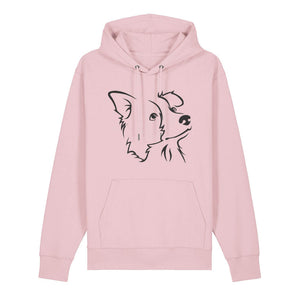 Black outline illustration of the head of a Border Collie on the front of a cotton pink unisex Hoodie