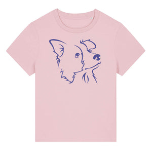 Blue outline illustration of the head of a Border Collie on the front of a cotton pink ladies t-shirt