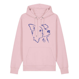 Blue outline illustration of the head of a Border Collie on the front of a cotton pink unisex Hoodie