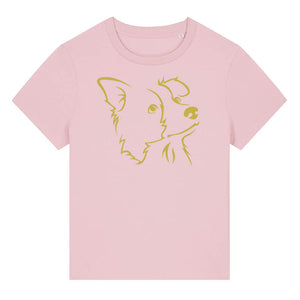 Gold outline illustration of the head of a Border Collie on the front of a cotton pink ladies t-shirt
