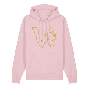 Gold outline illustration of the head of a Border Collie on the front of a cotton pink unisex Hoodie