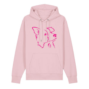 Magenta outline illustration of the head of a Border Collie on the front of a cotton pink unisex Hoodie