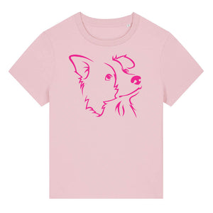 Magenta outline illustration of the head of a Border Collie on the front of a cotton pink ladies t-shirt