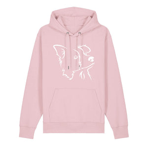 White outline illustration of the head of a Border Collie on the front of a cotton pink unisex Hoodie