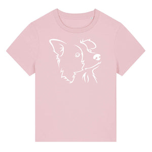 White outline illustration of the head of a Border Collie on the front of a cotton pink ladies t-shirt