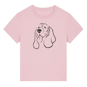 Black outline illustration of the head of a Basset Hound on the front of a cotton pink ladies t-shirt