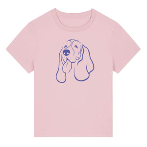 Blue outline illustration of the head of a Basset Hound on the front of a cotton pink ladies t-shirt
