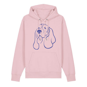 Blue outline illustration of the head of a Basset Hound on the front of a cotton pink unisex Hoodie