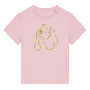Gold outline illustration of the head of a Basset Hound on the front of a cotton pink ladies t-shirt