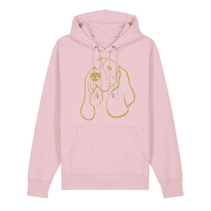 Gold outline illustration of the head of a Basset Hound on the front of a cotton pink unisex Hoodie