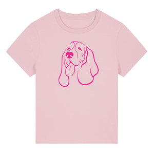Magenta outline illustration of the head of a Basset Hound on the front of a cotton pink ladies t-shirt