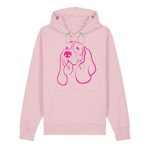 Magenta outline illustration of the head of a Basset Hound on the front of a cotton pink unisex Hoodie