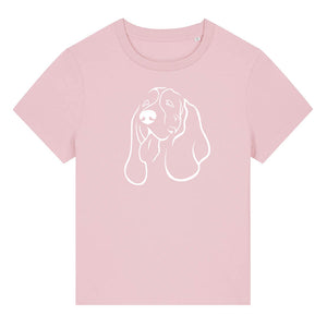 White outline illustration of the head of a Basset Hound on the front of a cotton pink ladies t-shirt