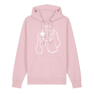 White outline illustration of the head of a Basset Hound on the front of a cotton pink unisex Hoodie