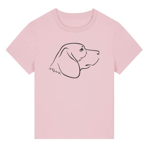 Black outline illustration of the head of a Beagle dog on the front of a cotton pink ladies t-shirt