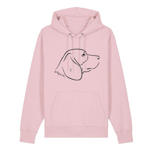 Black outline illustration of the head of a Beagle on the front of a cotton pink unisex Hoodie