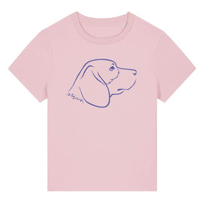 Blue outline illustration of the head of a Beagle dog on the front of a cotton pink ladies t-shirt