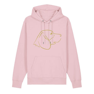 Gold outline illustration of the head of a Beagle on the front of a cotton pink unisex Hoodie