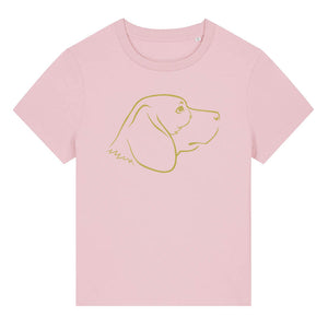 Gold outline illustration of the head of a Beagle dog on the front of a cotton pink ladies t-shirt
