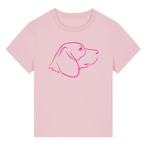 Magenta outline illustration of the head of a Beagle dog on the front of a cotton pink ladies t-shirt