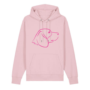 Magenta outline illustration of the head of a Beagle on the front of a cotton pink unisex Hoodie
