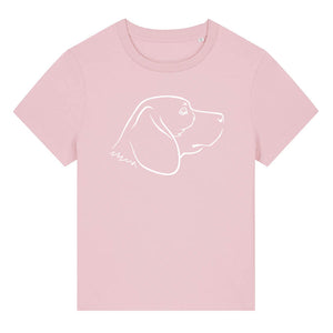 White outline illustration of the head of a Beagle dog on the front of a cotton pink ladies t-shirt