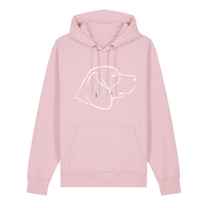 White outline illustration of the head of a Beagle on the front of a cotton pink unisex Hoodie