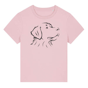 Black outline illustration of the head of a Bernese Mountain Dog on the front of a cotton pink ladies t-shirt