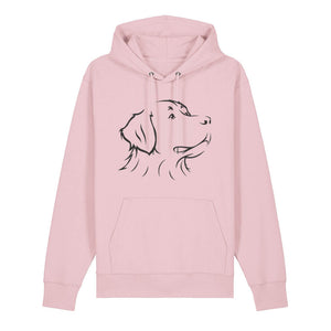 Black outline illustration of the head of a Bernese Mountain Dog on the front of a cotton pink unisex Hoodie