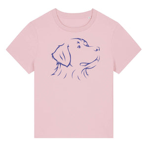 Blue outline illustration of the head of a Bernese Mountain Dog on the front of a cotton pink ladies t-shirt