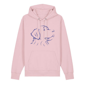 Blue outline illustration of the head of a Bernese Mountain Dog on the front of a cotton pink unisex Hoodie