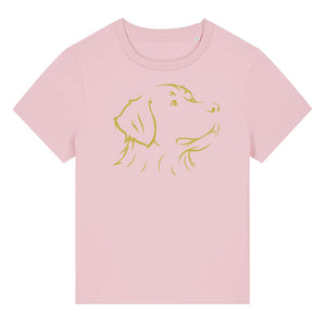 Gold outline illustration of the head of a Bernese Mountain Dog on the front of a cotton pink ladies t-shirt