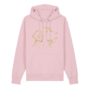 Gold outline illustration of the head of a Bernese Mountain Dog on the front of a cotton pink unisex Hoodie