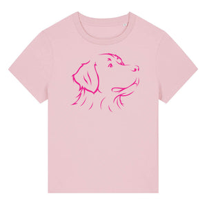 Magenta outline illustration of the head of a Bernese Mountain Dog on the front of a cotton pink ladies t-shirt