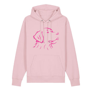 Magenta outline illustration of the head of a Bernese Mountain Dog on the front of a cotton pink unisex Hoodie