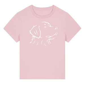 White outline illustration of the head of a Bernese Mountain Dog on the front of a cotton pink ladies t-shirt
