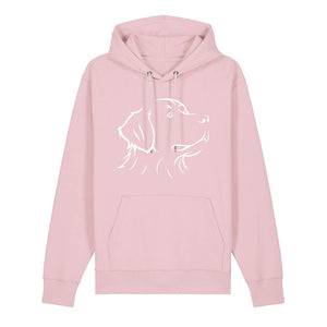 White outline illustration of the head of a Bernese Mountain Dog on the front of a cotton pink unisex Hoodie