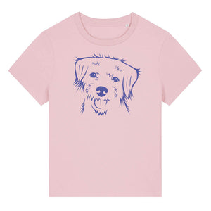 Blue outline illustration of the head of a Border Terrier on the front of a cotton pink ladies t-shirt