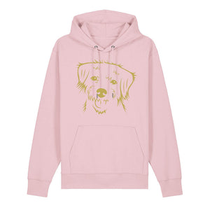 Gold outline illustration of the head of a Border Terrier on the front of a cotton pink unisex Hoodie