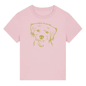 Gold outline illustration of the head of a Border Terrier on the front of a cotton pink ladies t-shirt
