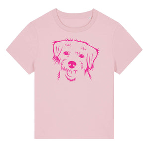 Magenta outline illustration of the head of a Border Terrier on the front of a cotton pink ladies t-shirt