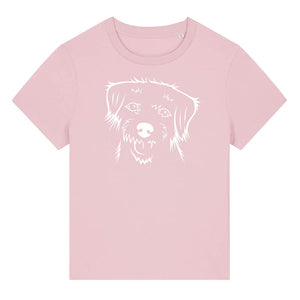 White outline illustration of the head of a Border Terrier on the front of a cotton pink ladies t-shirt