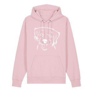 White outline illustration of the head of a Border Terrier on the front of a cotton pink unisex Hoodie