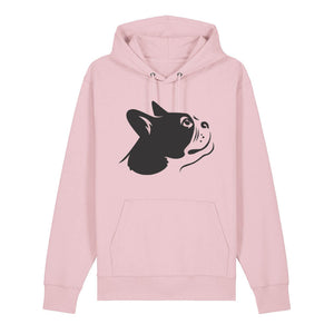 Black outline illustration of the head of a Boston Terrier on the front of a cotton pink unisex Hoodie
