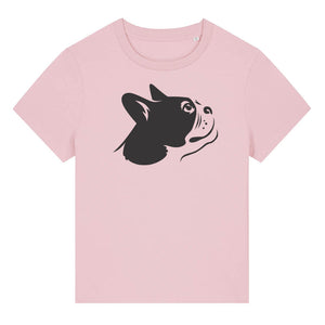 Black outline illustration of the head of a Boston Terrier on the front of a cotton pink ladies t-shirt