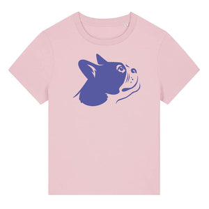 Blue outline illustration of the head of a Boston Terrier on the front of a cotton pink ladies t-shirt